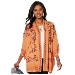 Curations Embroidered Floral Open Front Kimono - Extra Small/Small
